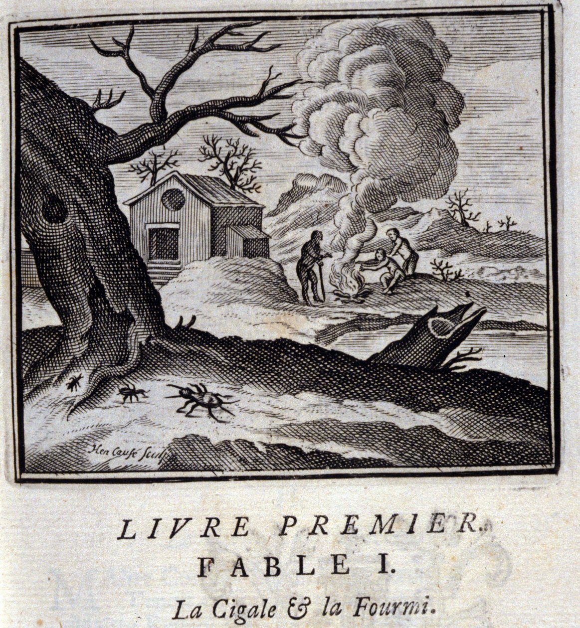 Cigale ja muurahainen. Jean de La Fontainen (1621-95) sadut. Kuvitus: François Chauveau (1613-1676). Painos vuodelta 1728. tekijältä Francois Chauveau