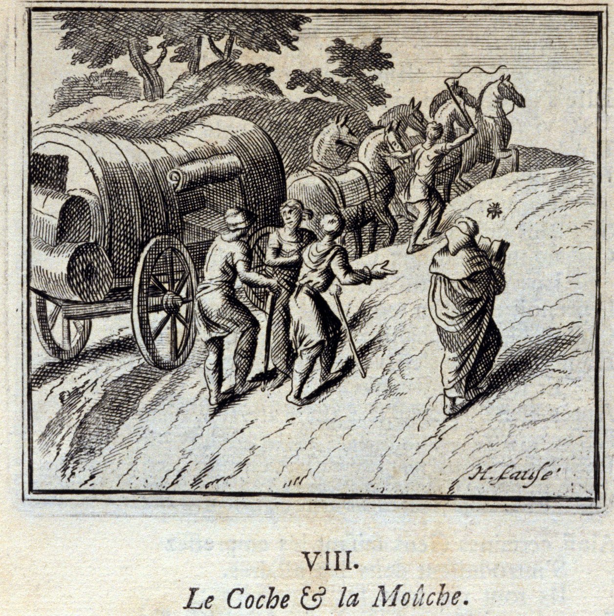 Coche ja Fly. Jean de La Fontainen (1621-95) sadut. Kuvitus: Francois Chauveau (1613-1676). Painos vuodelta 1728. tekijältä Francois Chauveau