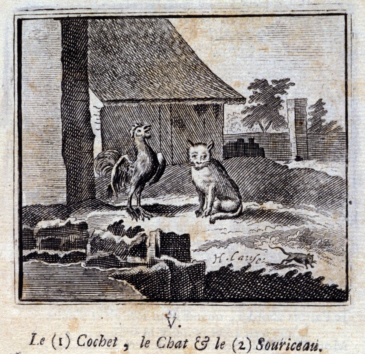 Cochet kissa ja hiiri. Jean de La Fontainen (1621-95) sadut. Kuvitus: François Chauveau (1613-1676). Painos vuodelta 1728. tekijältä Francois Chauveau