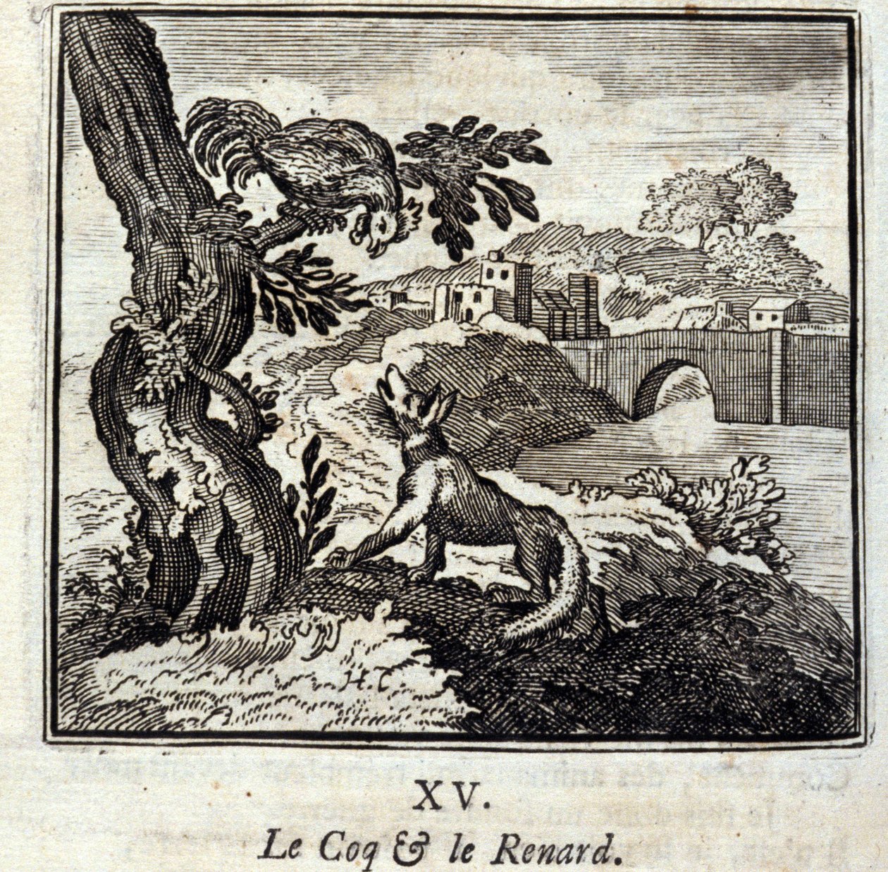 Coq ja Fox. Jean de La Fontainen (1621-95) sadut. Kuvitus: Francois Chauveau (1613-1676). Painos vuodelta 1728. tekijältä Francois Chauveau