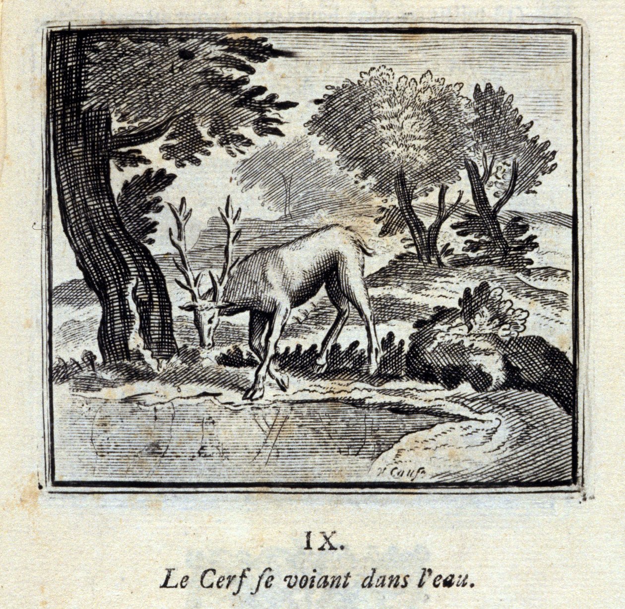 Hirvi näkee itsensä vedessä. Jean de La Fontainen (1621-95) sadut. Kuvitus: François Chauveau (1613-1676). Painos vuodelta 1728. tekijältä Francois Chauveau