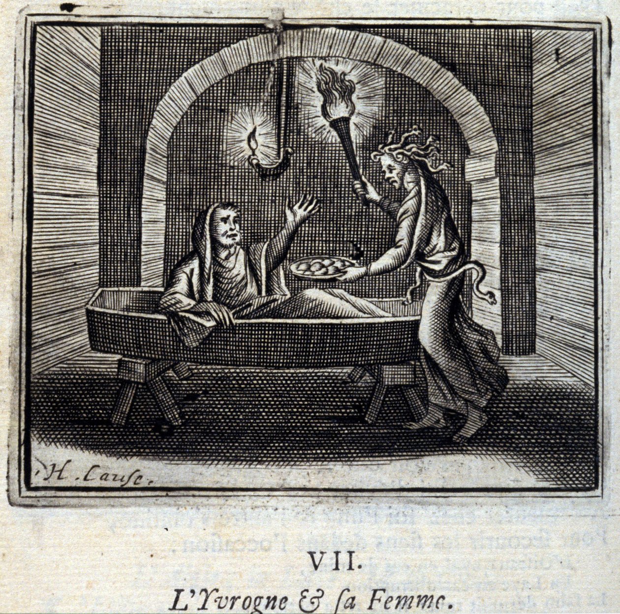 Juoppo ja hänen vaimonsa. Jean de La Fontainen (1621-95) sadut. Kuvitus: François Chauveau (1613-1676). Painos vuodelta 1728. tekijältä Francois Chauveau