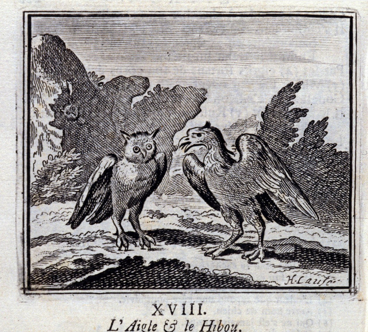 Kotka ja pöllö. Jean de La Fontainen (1621-95) sadut. Kuvitus: François Chauveau (1613-1676). Painos vuodelta 1728. tekijältä Francois Chauveau