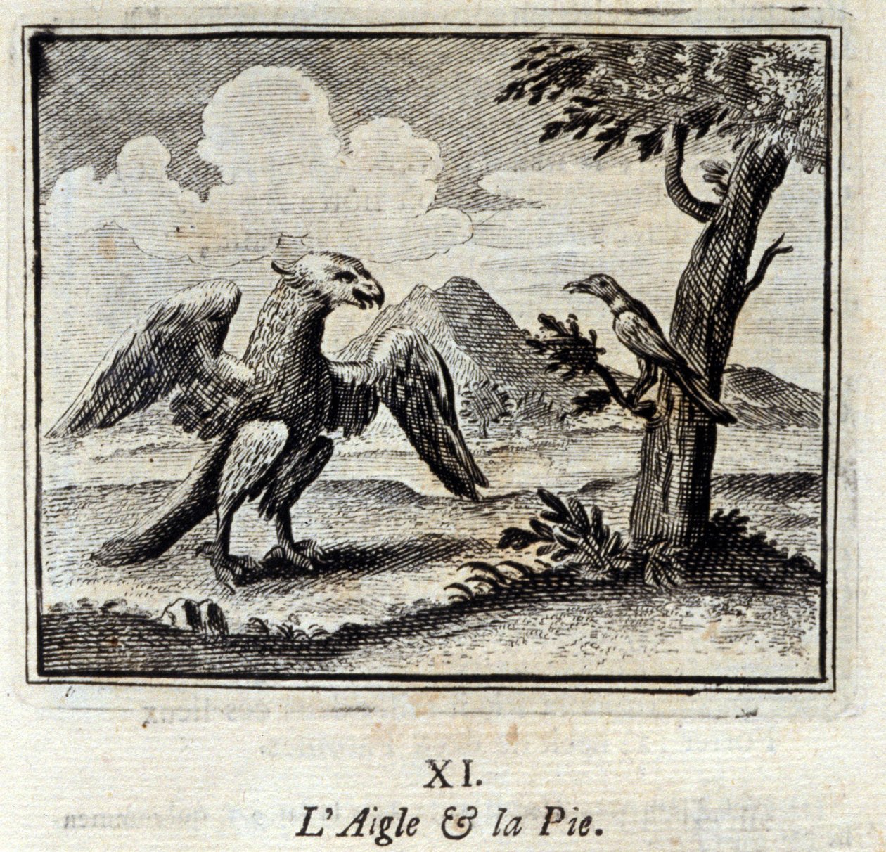 Kotka ja Pius. Jean de La Fontainen (1621-95) sadut. Kuvitus: François Chauveau (1613-1676). Painos vuodelta 1728. tekijältä Francois Chauveau