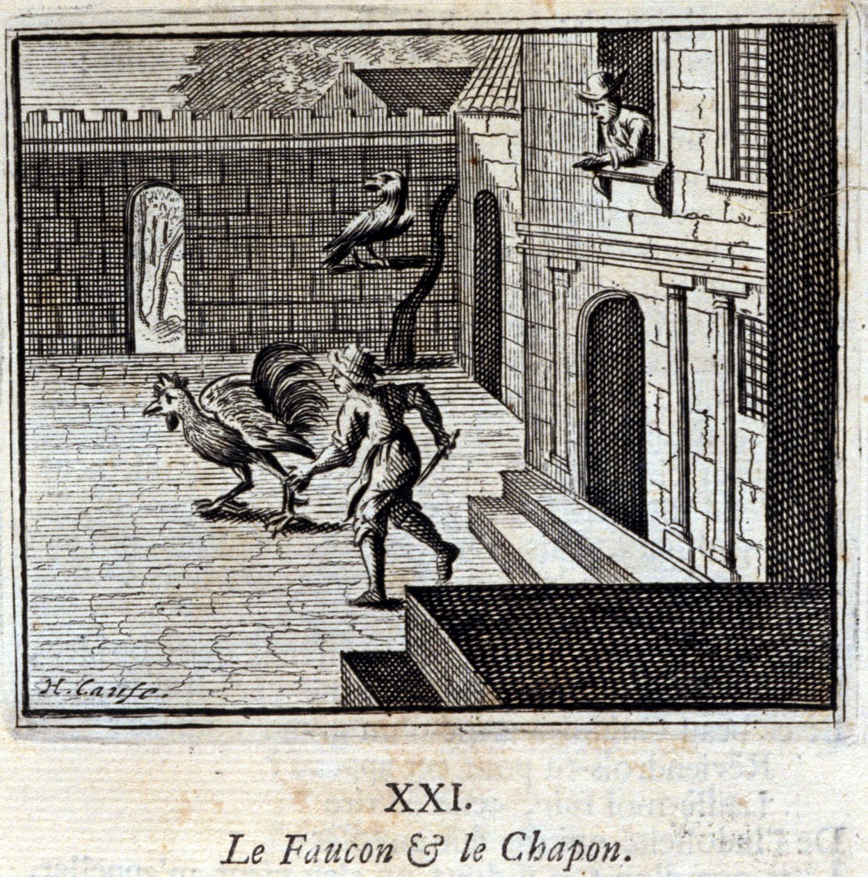 Falcon ja Capon. Jean de La Fontainen (1621-95) sadut. Kuvitus: François Chauveau (1613-1676). Painos vuodelta 1728. tekijältä Francois Chauveau