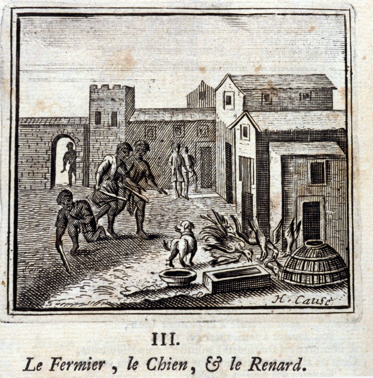 Maanviljelijä, koira ja kettu. Jean de La Fontainen (1621-95) sadut. Kuvitus: François Chauveau (1613-1676). Painos vuodelta 1728. tekijältä Francois Chauveau