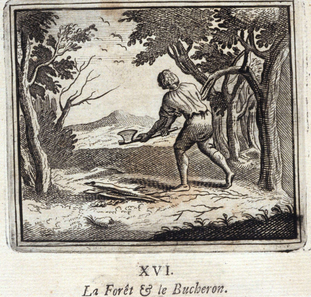 Metsä ja metsuri. Jean de La Fontainen (1621-95) sadut. Kuvitus: François Chauveau (1613-1676). Painos vuodelta 1728. tekijältä Francois Chauveau