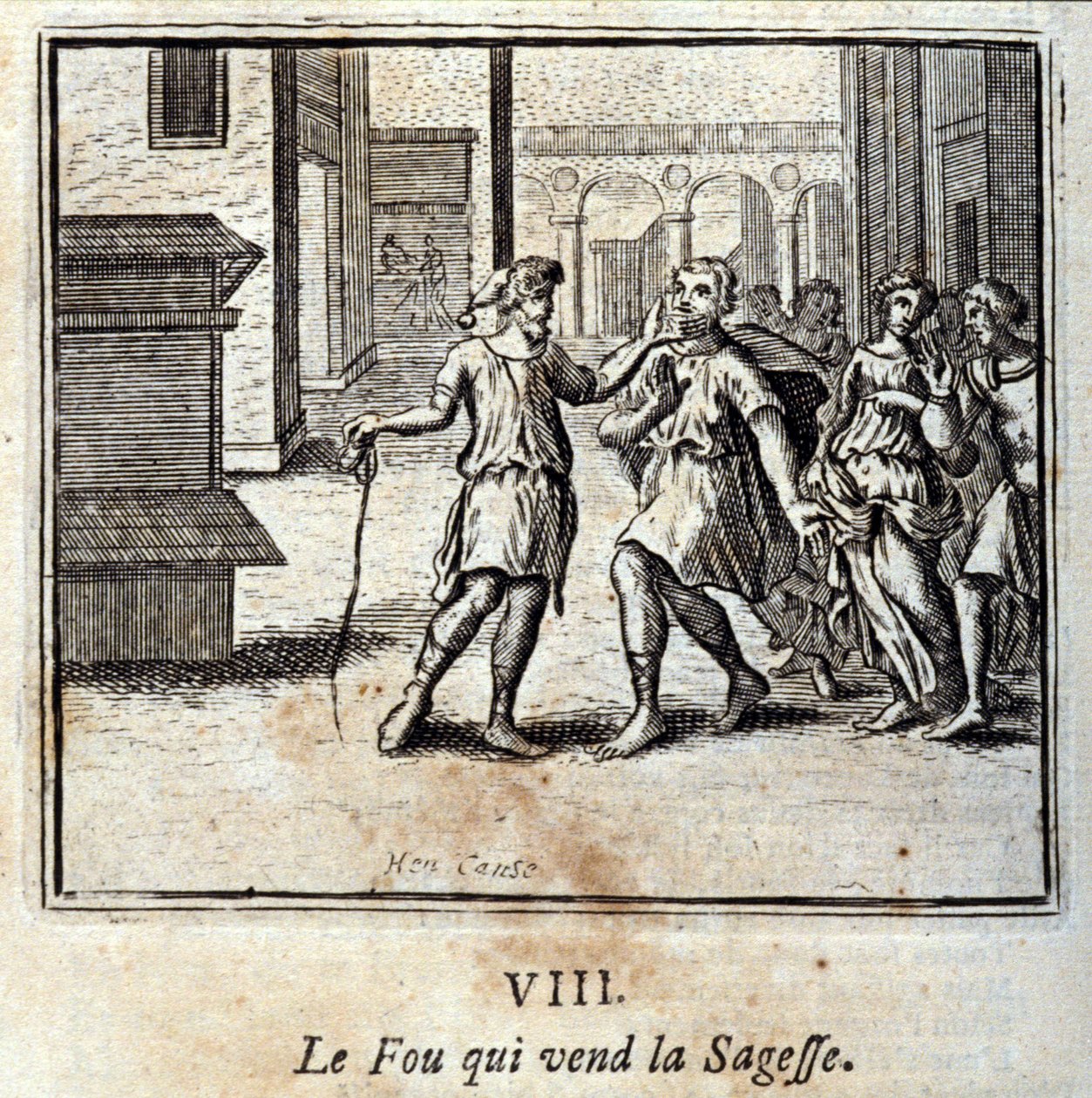 Fou, joka myy viisautta. Jean de La Fontainen (1621-95) sadut. Kuvitus: Francois Chauveau (1613-1676). Painos vuodelta 1728. tekijältä Francois Chauveau