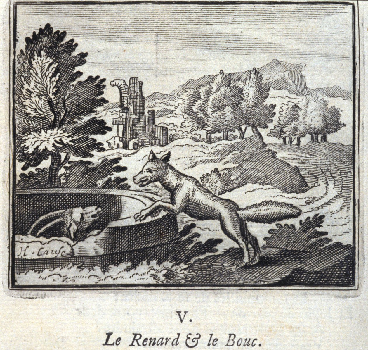 Jean de La Fontainen (1621-95) The Fox and the Bouc.Fables. Kuvitus: François Chauveau (1613-1676). Painos vuodelta 1728. tekijältä Francois Chauveau