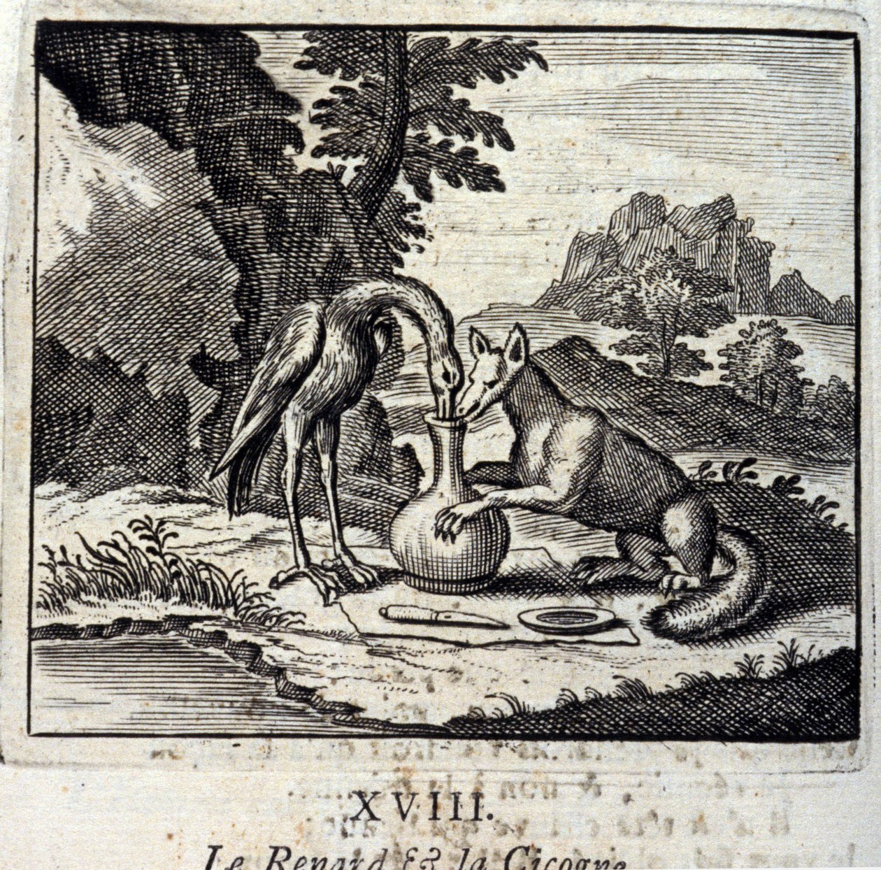 Kettu ja haikara. Jean de La Fontainen (1621-95) tarinoita. Kuvitus: Francois Chauveau (1613-1676). Painos vuodelta 1728. tekijältä Francois Chauveau