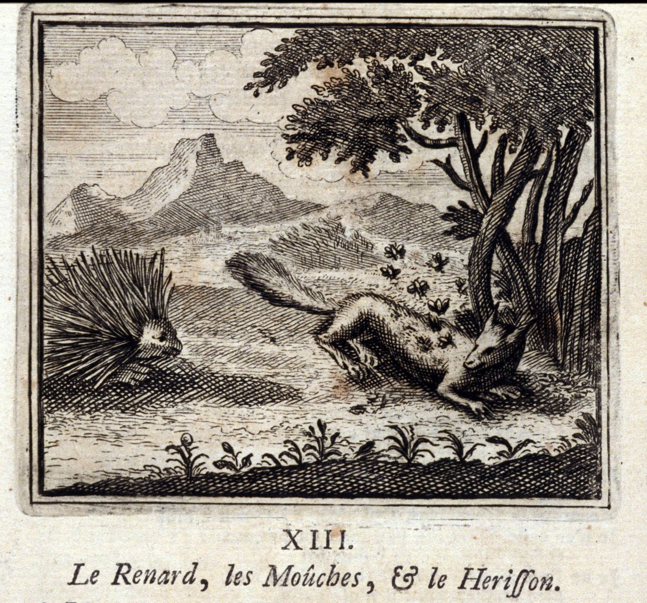 Kettu, kärpäset ja Herisson. Jean de La Fontainen (1621-95) sadut. Kuvitus: François Chauveau (1613-1676). Painos vuodelta 1728. tekijältä Francois Chauveau