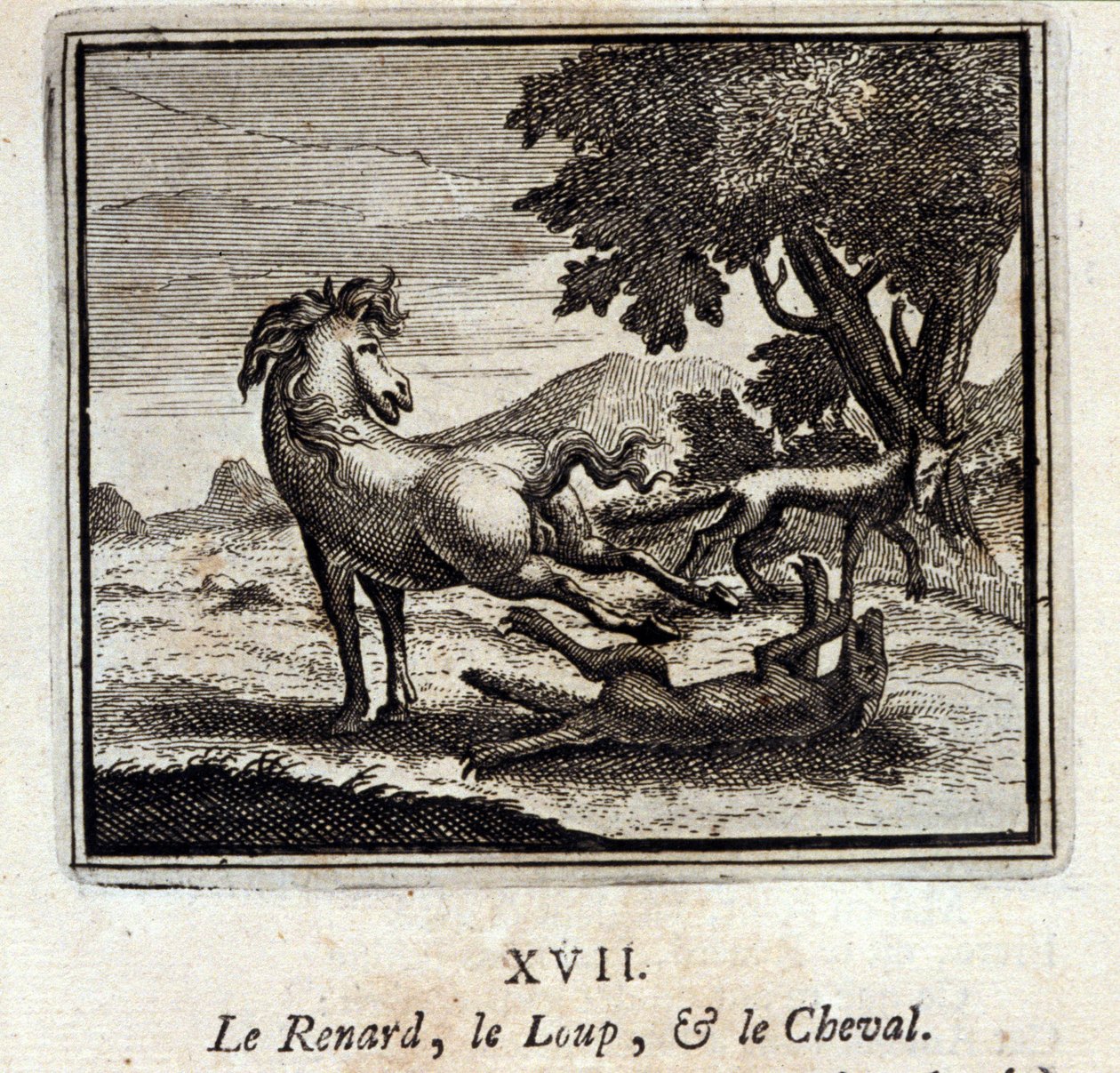 Kettu, susi ja hevonen. Jean de La Fontainen (1621-95) sadut. Kuvitus: François Chauveau (1613-1676). Painos vuodelta 1728. tekijältä Francois Chauveau