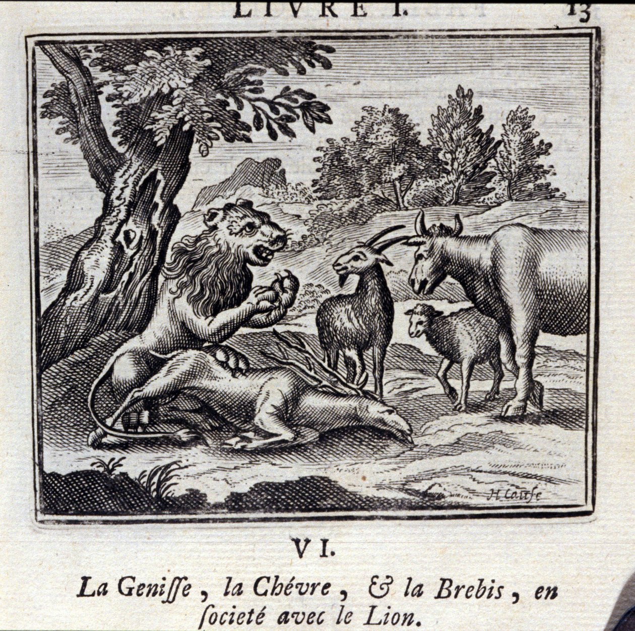 Genisse, Gove ja Lammas seurassa Leijonan kanssa. Jean de La Fontainen (1621-95) satuja. Kuvitus: François Chauveau (1613-1676). Painos vuodelta 1728. tekijältä Francois Chauveau