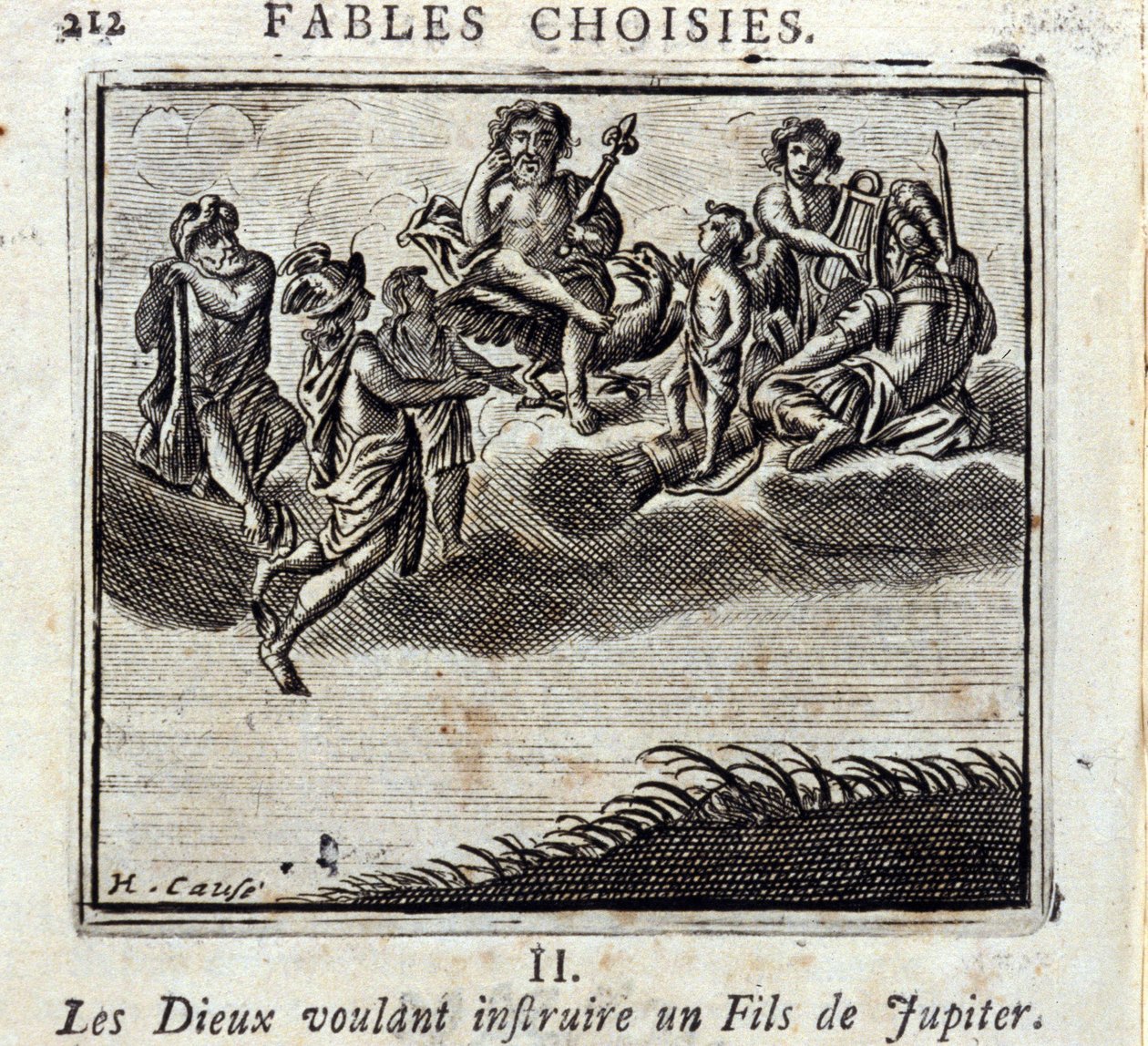 Jumalat haluavat opettaa Jupiterin pojan. Jean de La Fontainen (1621-95) sadut. Kuvitus: François Chauveau (1613-1676). Painos vuodelta 1728. tekijältä Francois Chauveau