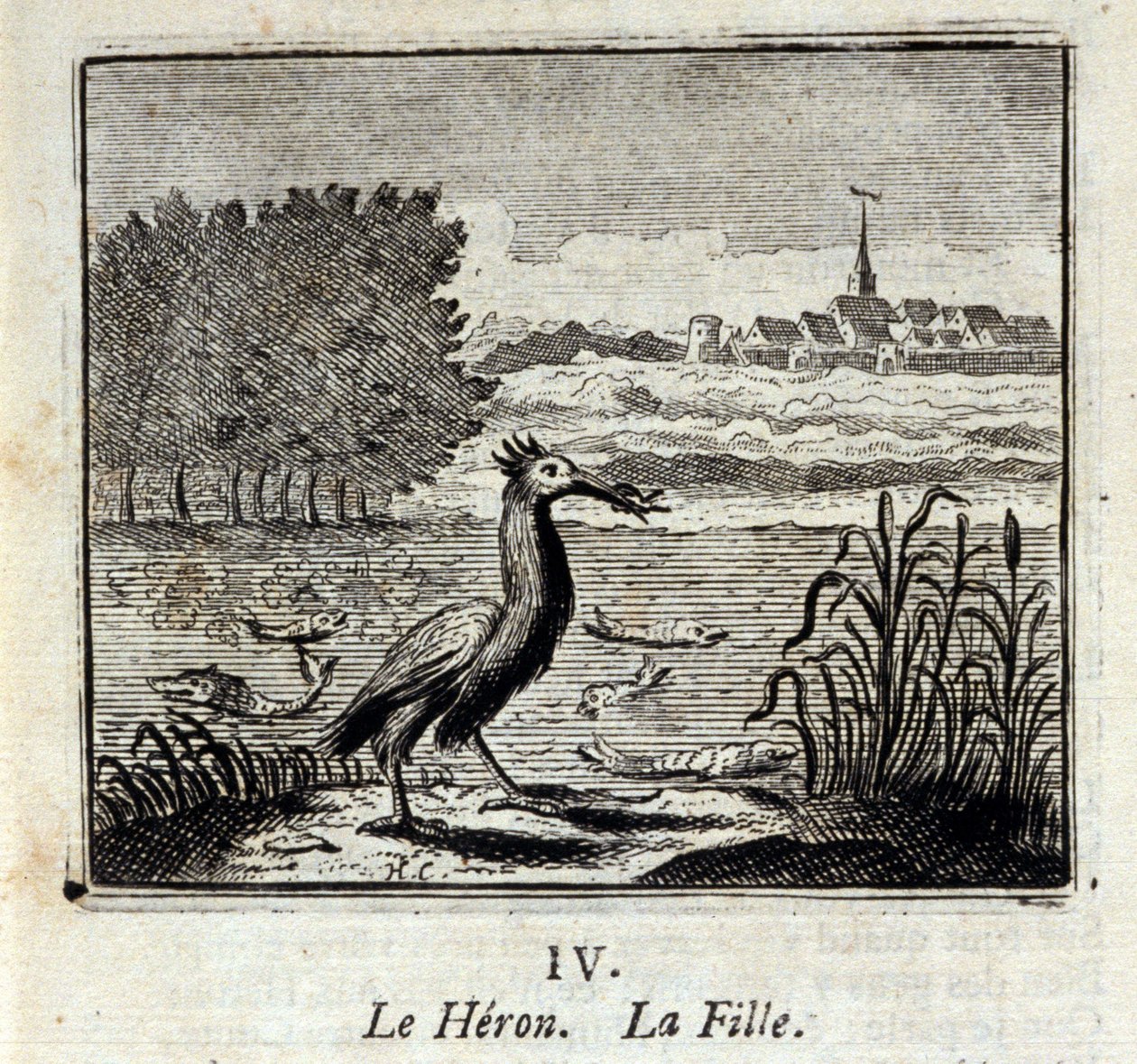 Heron. Jean de La Fontainen (1621-95) sadut. Kuvitus: François Chauveau (1613-1676). Painos vuodelta 1728. tekijältä Francois Chauveau