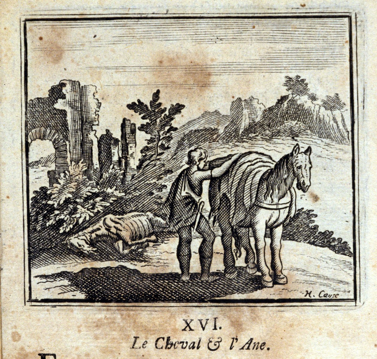 Hevonen ja aasi. Jean de La Fontainen (1621-95) sadut. Kuvitus: François Chauveau (1613-1676). Painos vuodelta 1728. tekijältä Francois Chauveau