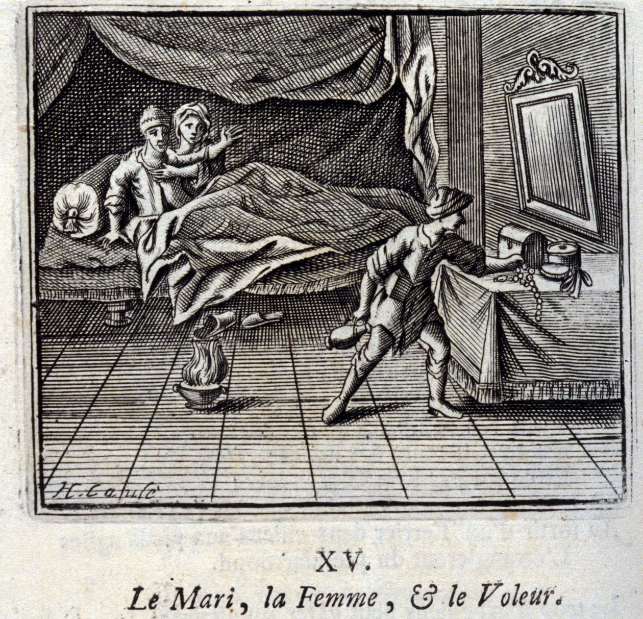 Aviomies, nainen ja varas. Jean de La Fontainen (1621-95) sadut. Kuvitus: François Chauveau (1613-1676). Painos vuodelta 1728. tekijältä Francois Chauveau
