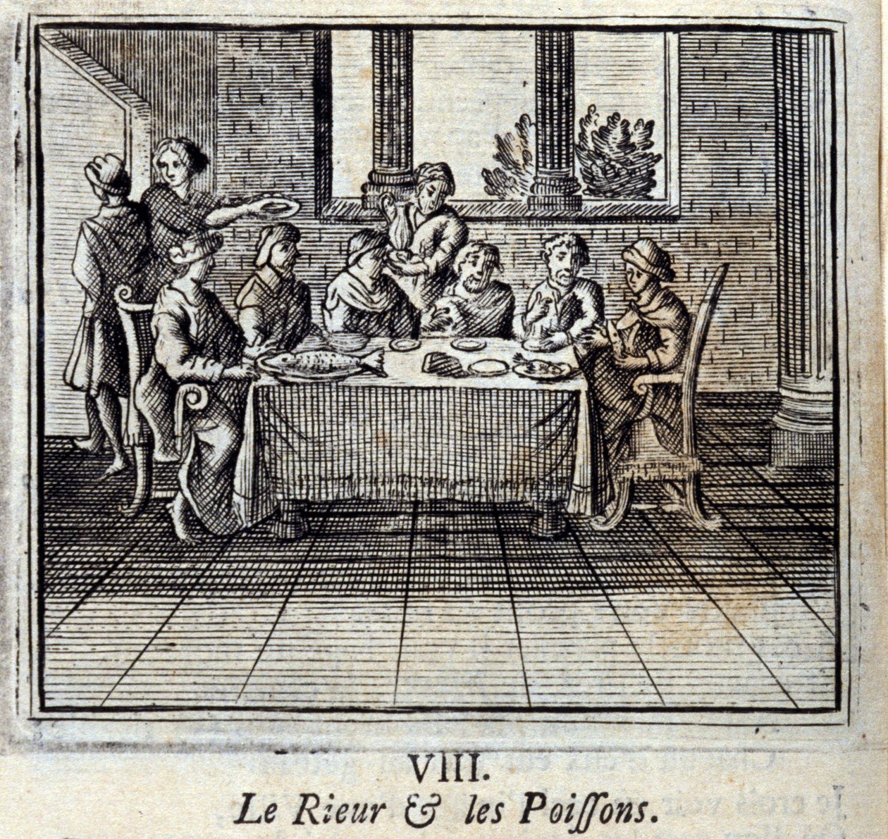 Nauru ja kalat. Jean de La Fontainen (1621-95) sadut. Kuvitus: François Chauveau (1613-1676). Painos vuodelta 1728. tekijältä Francois Chauveau