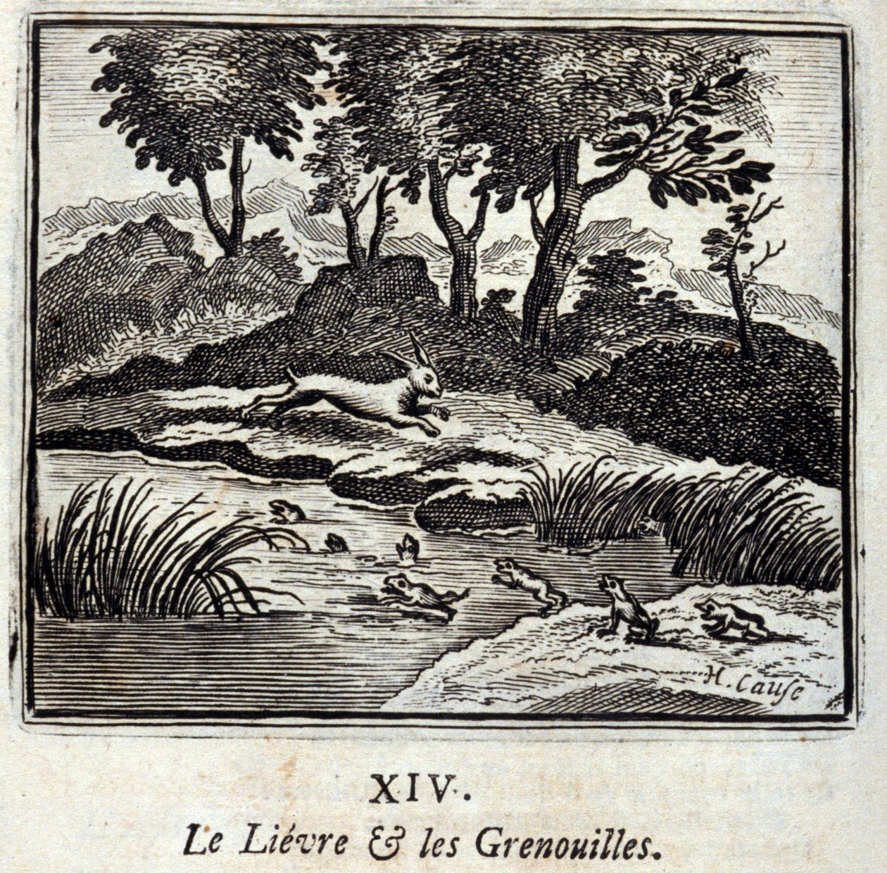 Lievre ja sammakot. Jean de La Fontainen (1621-95) sadut. Kuvitus: François Chauveau (1613-1676). Painos vuodelta 1728. tekijältä Francois Chauveau