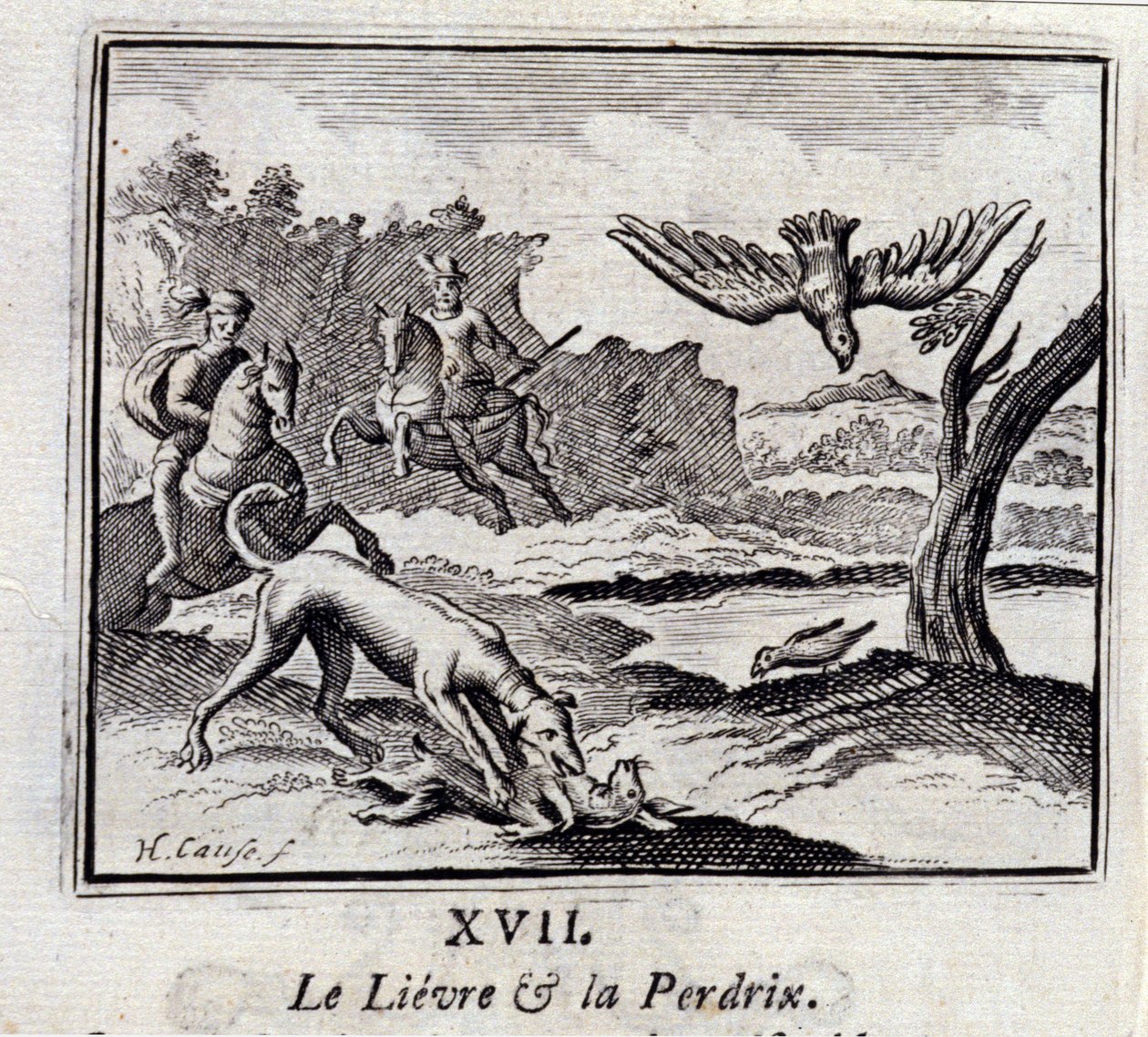 Lievre ja Pardrix.Jean de La Fontainen (1621-95) sadut. Kuvitus: François Chauveau (1613-1676). Painos vuodelta 1728. tekijältä Francois Chauveau