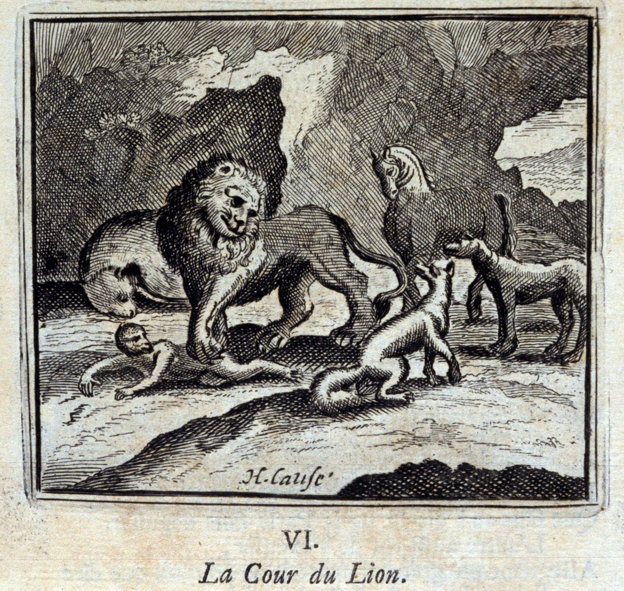 Leijonatuomioistuin. Jean de La Fontainen (1621-95) sadut. Kuvitus: François Chauveau (1613-1676). Painos vuodelta 1728. tekijältä Francois Chauveau