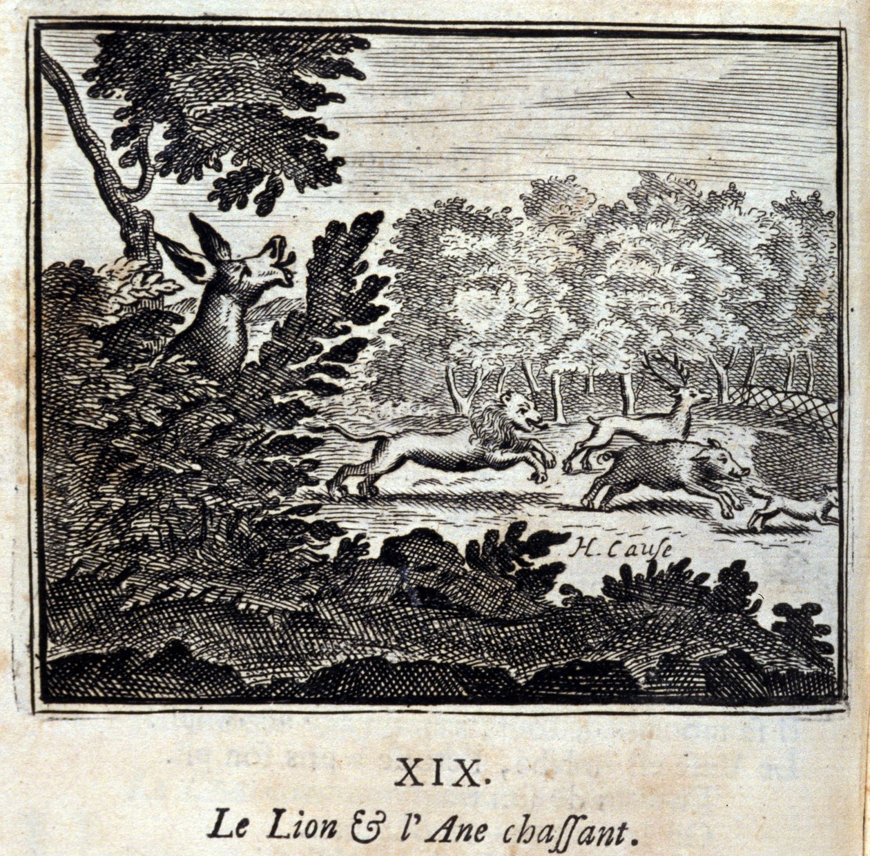 Leijonan ja aasin metsästys. Jean de La Fontainen (1621-95) sadut. Kuvitus: François Chauveau (1613-1676). Painos vuodelta 1728. tekijältä Francois Chauveau