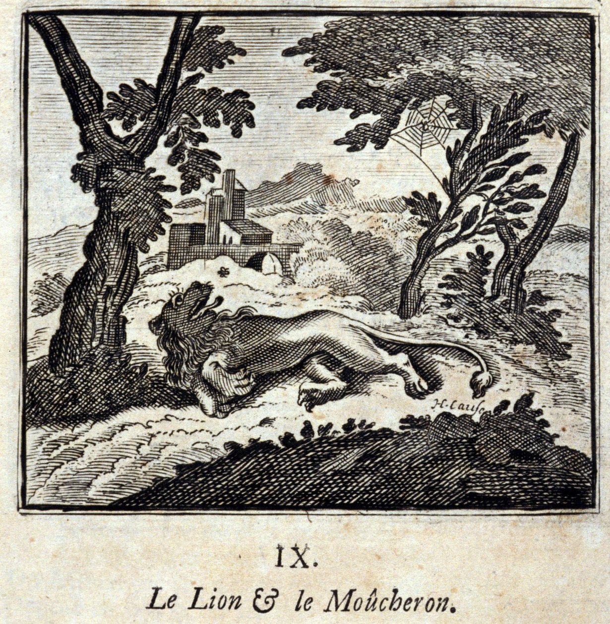 Leijona ja kärpässieppari. Jean de La Fontainen (1621-95) sadut. Kuvitus: Francois Chauveau (1613-1676). Painos vuodelta 1728. tekijältä Francois Chauveau