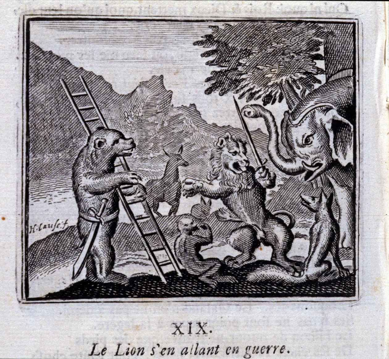 Leijona menee sotaan. Jean de La Fontainen (1621-95) sadut. Kuvitus: Francois Chauveau (1613-1676). Painos vuodelta 1728. tekijältä Francois Chauveau