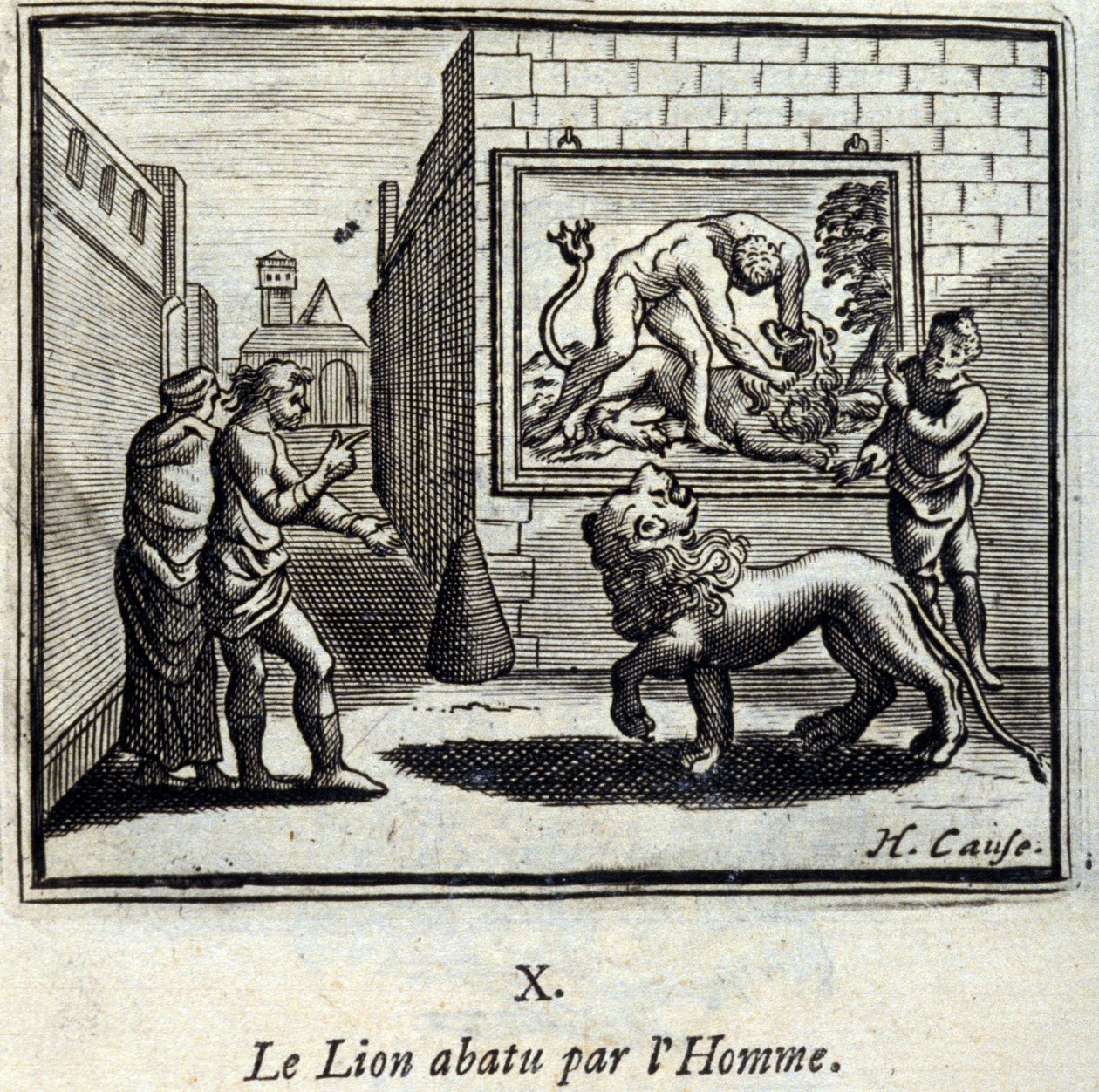Mies ampui leijonan alas. Jean de La Fontainen (1621-95) sadut. Kuvitus: François Chauveau (1613-1676). Painos vuodelta 1728. tekijältä Francois Chauveau