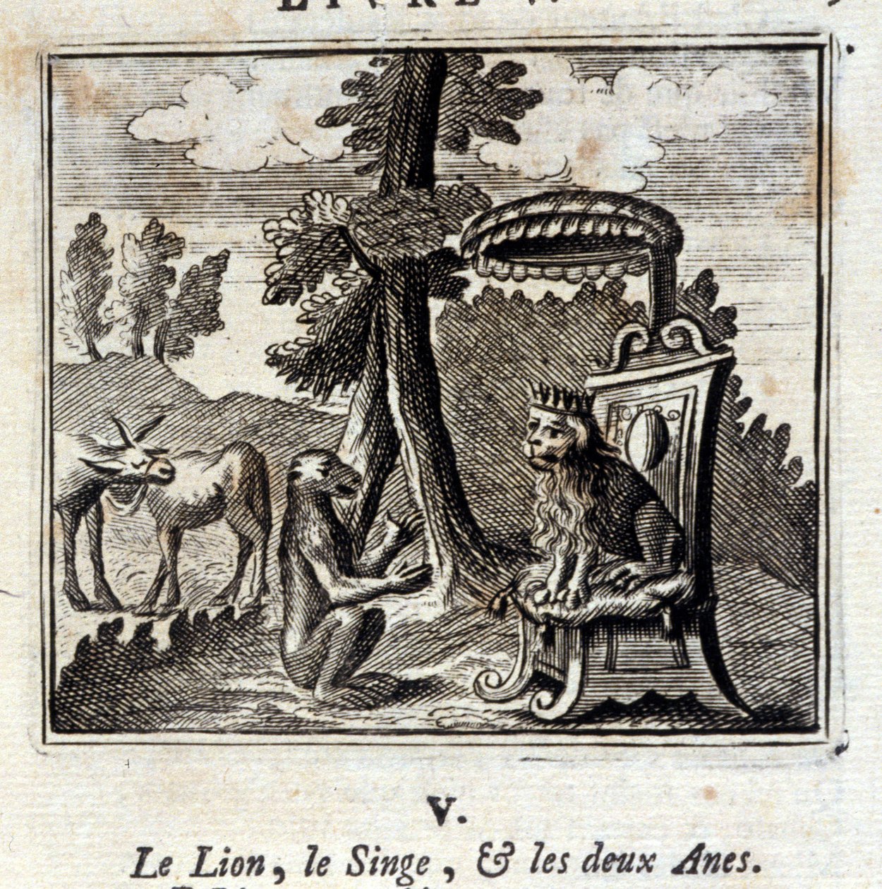 Jean de La Fontainen (1621-95) The Lion the Monkey and the Two Anes. Kuvitus: François Chauveau (1613-1676). Painos vuodelta 1728. tekijältä Francois Chauveau