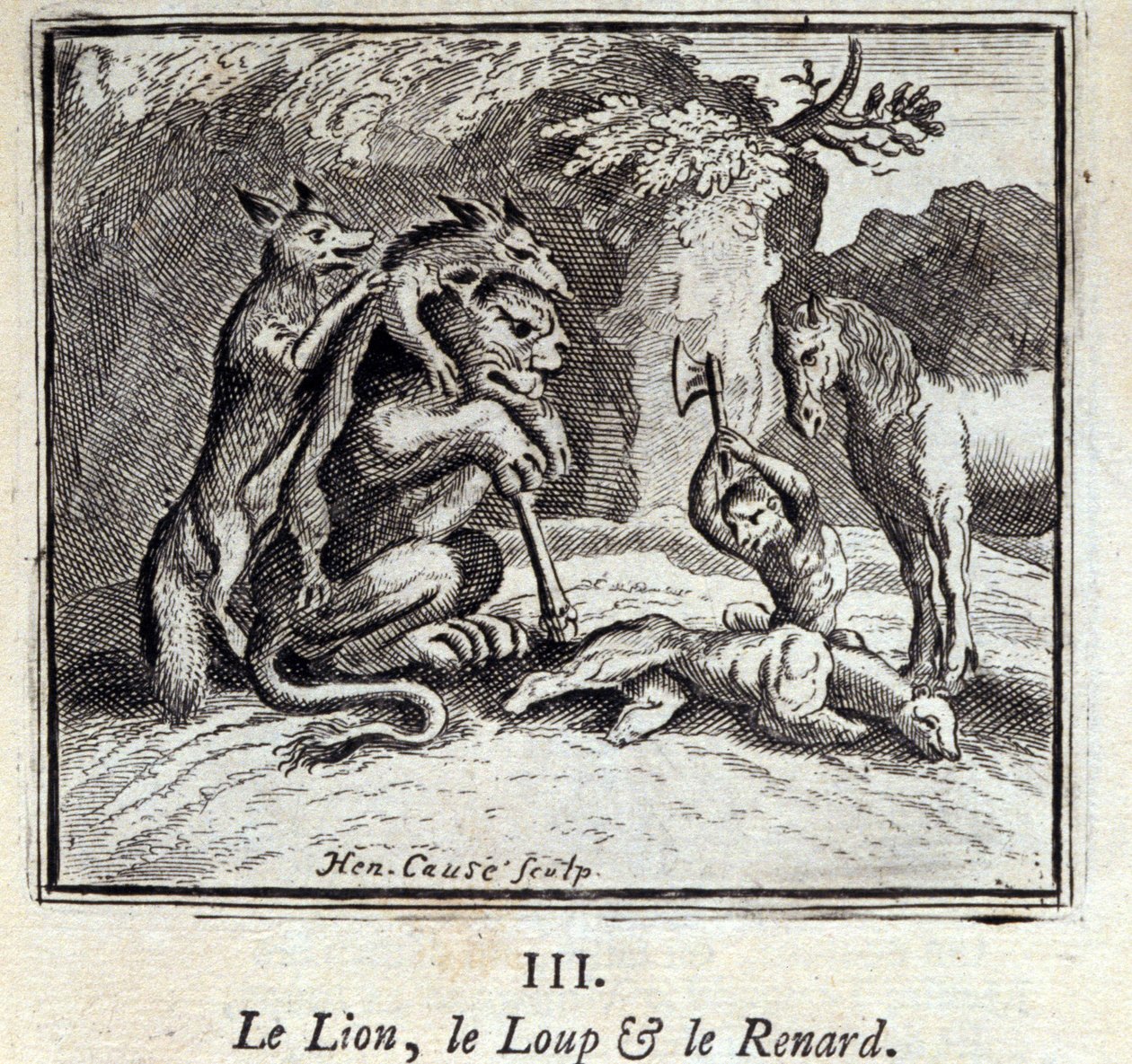 Leijona, susi ja kettu. Jean de La Fontainen (1621-95) sadut. Kuvitus: François Chauveau (1613-1676). Painos vuodelta 1728. tekijältä Francois Chauveau