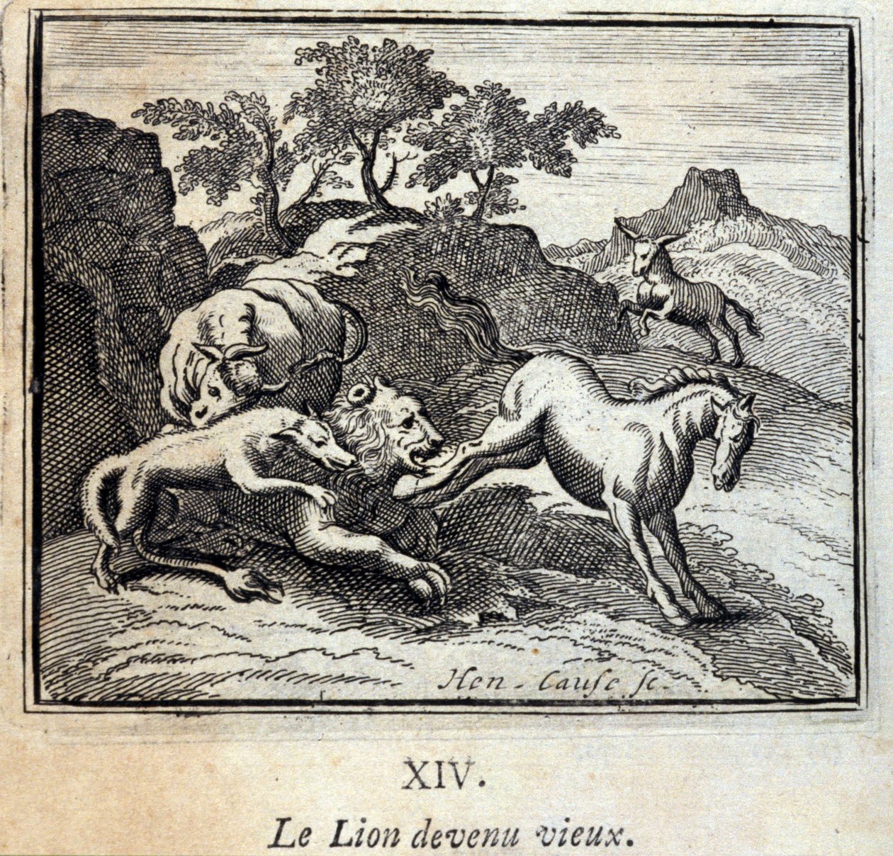 Leijona muuttui vanhaksi. Jean de La Fontainen (1621-95) sadut. Kuvitus: Francois Chauveau (1613-1676). Painos vuodelta 1728. tekijältä Francois Chauveau