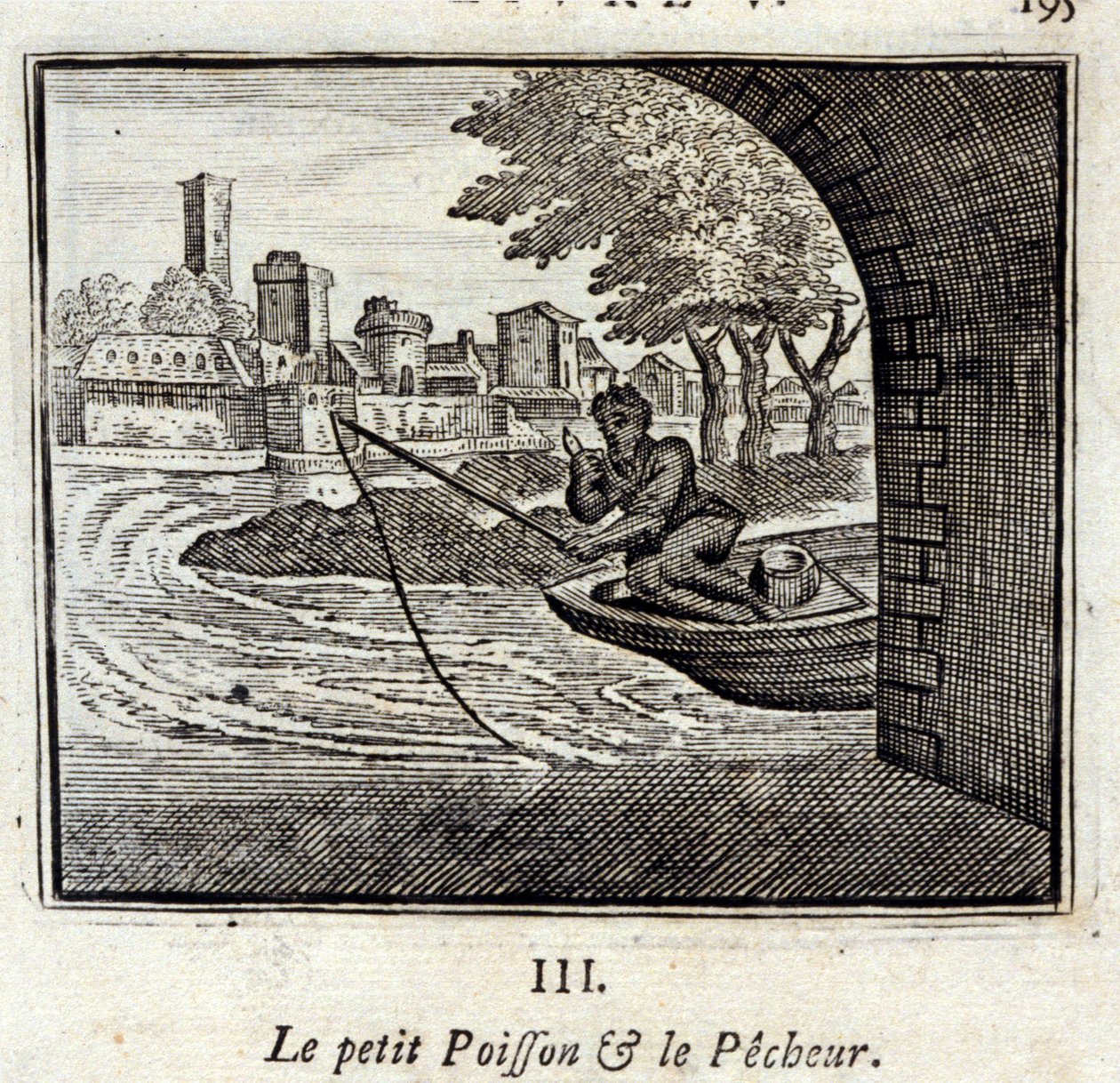 Pieni kala ja kalastaja. Jean de La Fontainen (1621-95) sadut. Kuvitus: François Chauveau (1613-1676). Painos vuodelta 1728. tekijältä Francois Chauveau