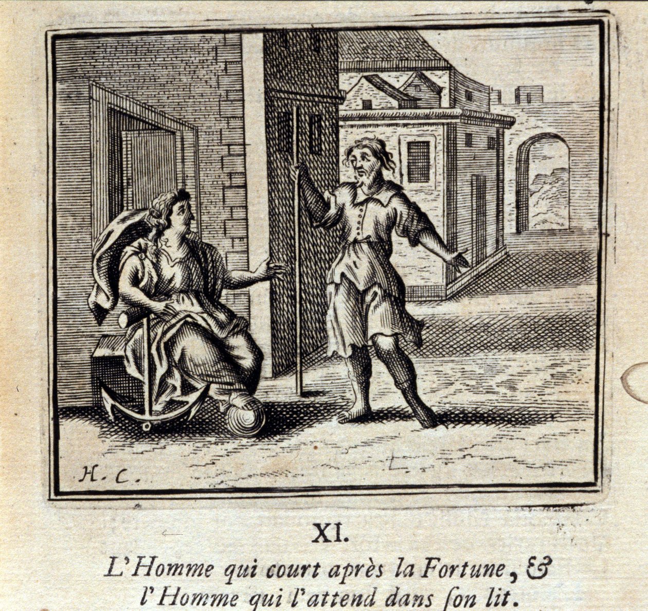 Mies, joka juoksee Fortunan perässä, ja mies, joka odottaa häntä sängyssä. Jean de La Fontainen (1621-95) sadut. Kuvitus: François Chauveau (1613-1676). Painos vuodelta 1728. tekijältä Francois Chauveau