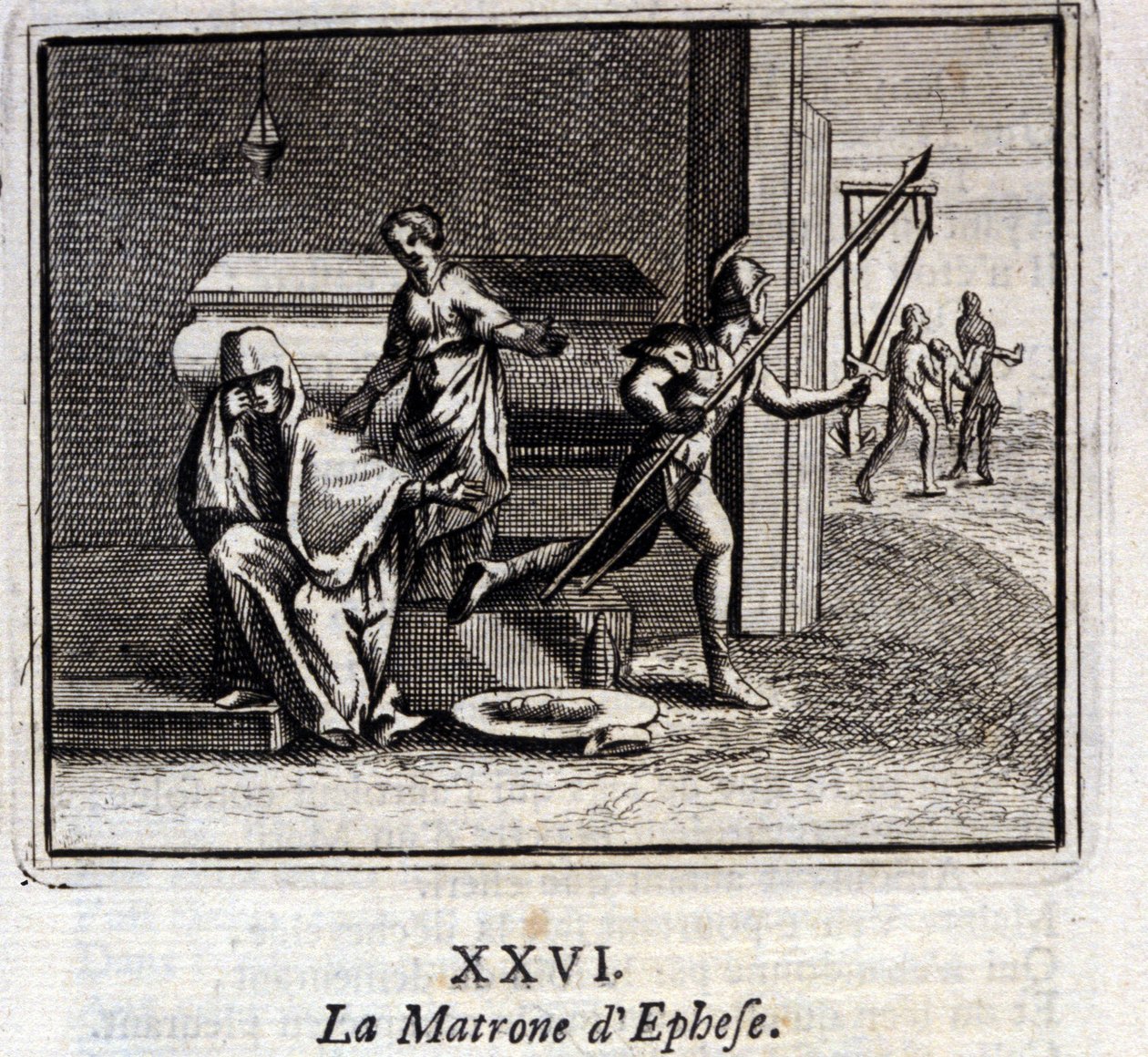 Efesoksen emäntä. Jean de La Fontainen (1621-95) sadut. Kuvitus: Francois Chauveau (1613-1676). Painos vuodelta 1728. tekijältä Francois Chauveau