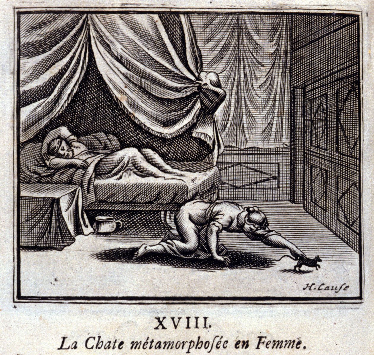 Metamorfoitunut kissa naisessa. Jean de La Fontainen (1621-95) sadut. Kuvitus: François Chauveau (1613-1676). Painos vuodelta 1728. tekijältä Francois Chauveau