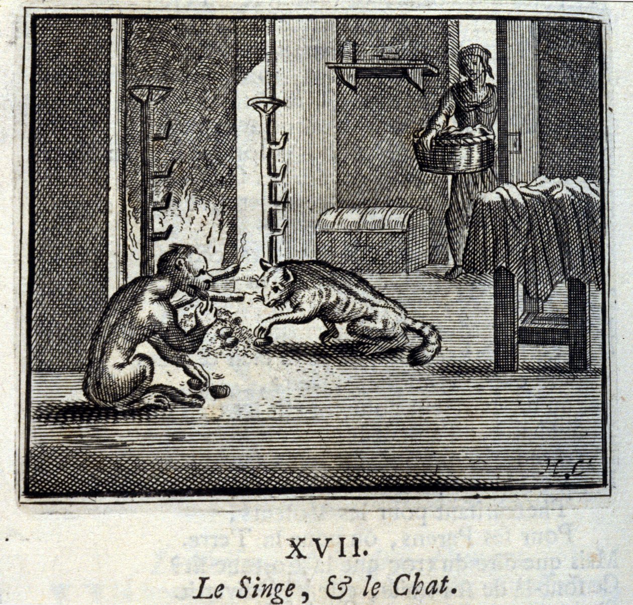 Apina ja kissa. Jean de La Fontainen (1621-95) sadut. Kuvitus: Francois Chauveau (1613-1676). Painos vuodelta 1728. tekijältä Francois Chauveau