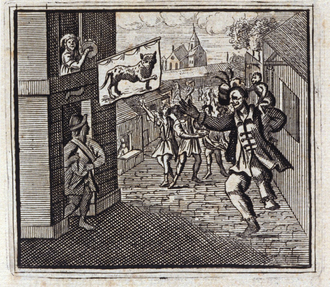 Apina ja leopardi. Jean de La Fontainen (1621-95) sadut. Kuvitus: Francois Chauveau (1613-1676). Painos vuodelta 1728. tekijältä Francois Chauveau