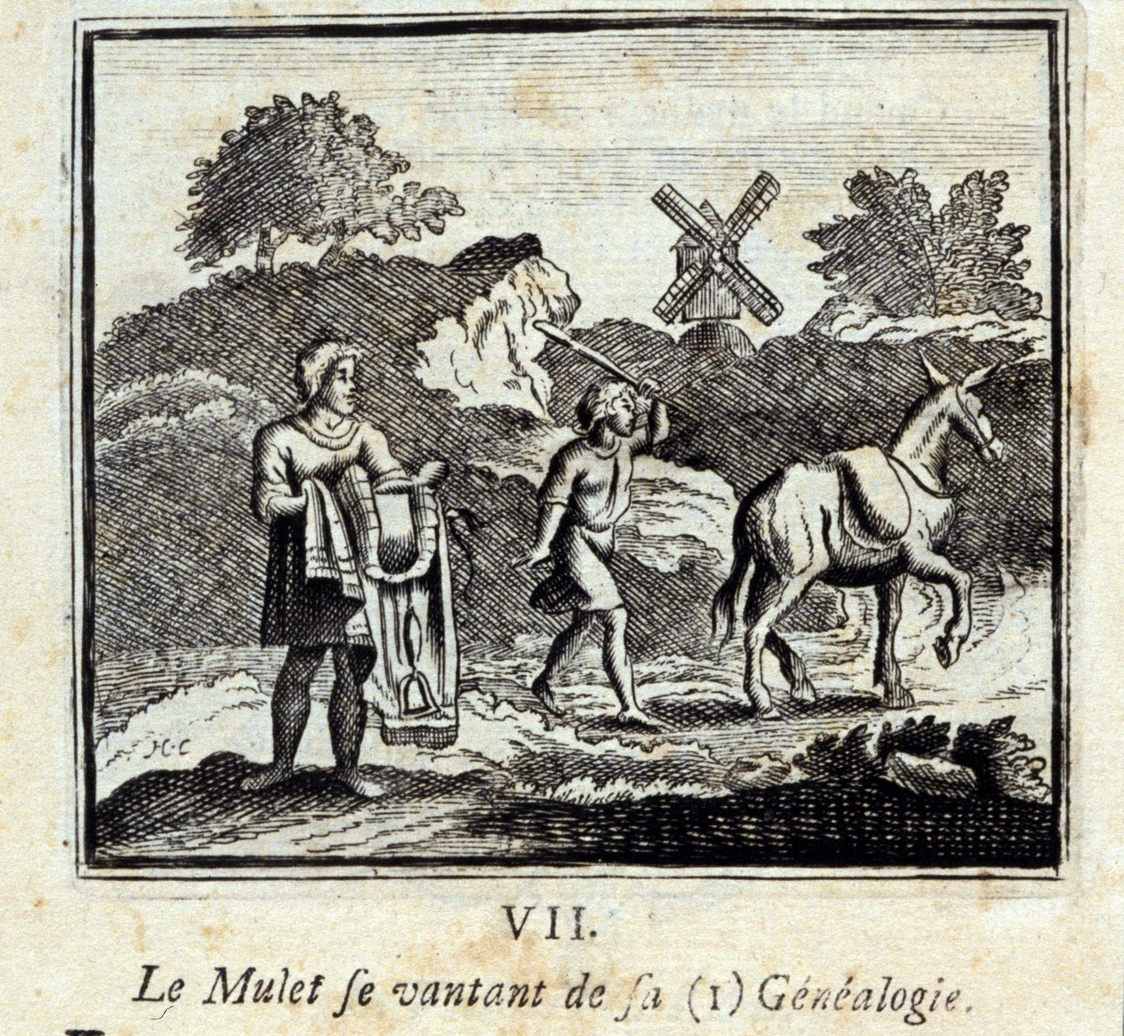 Mullet kerskailee sukututkimuksestaan. Jean de La Fontainen (1621-95) sadut. Kuvitus: François Chauveau (1613-1676). Painos vuodelta 1728. tekijältä Francois Chauveau