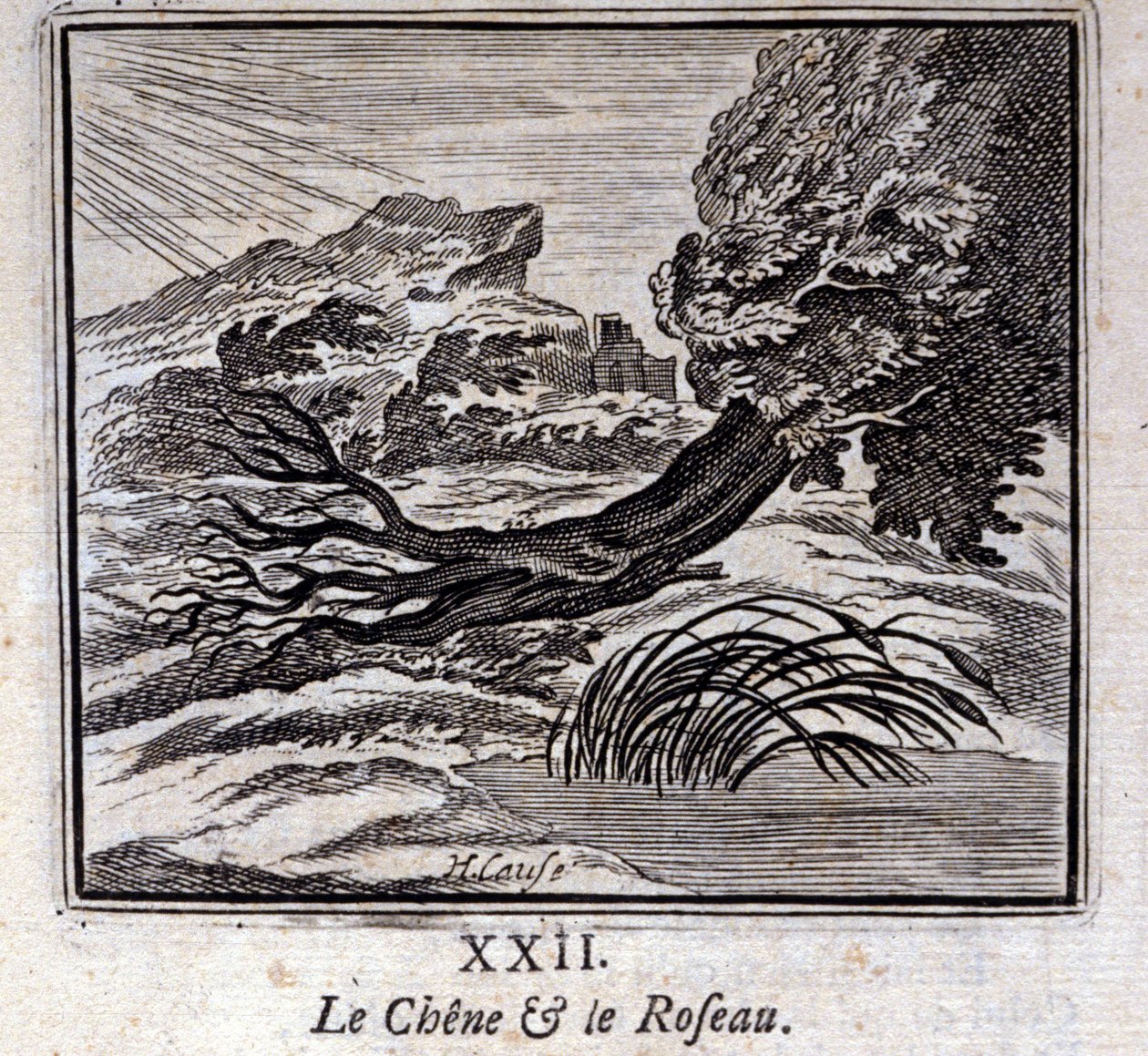 Tammi ja ruoko. Jean de La Fontainen (1621-95) sadut. Kuvitus: François Chauveau (1613-1676). Painos vuodelta 1728. tekijältä Francois Chauveau