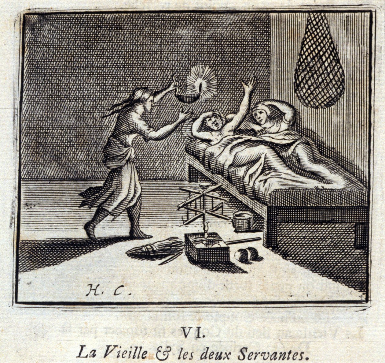 Vanha rouva ja kaksi palvelijaa. Jean de La Fontainen (1621-95) sadut. Kuvitus: François Chauveau (1613-1676). Painos vuodelta 1728. tekijältä Francois Chauveau