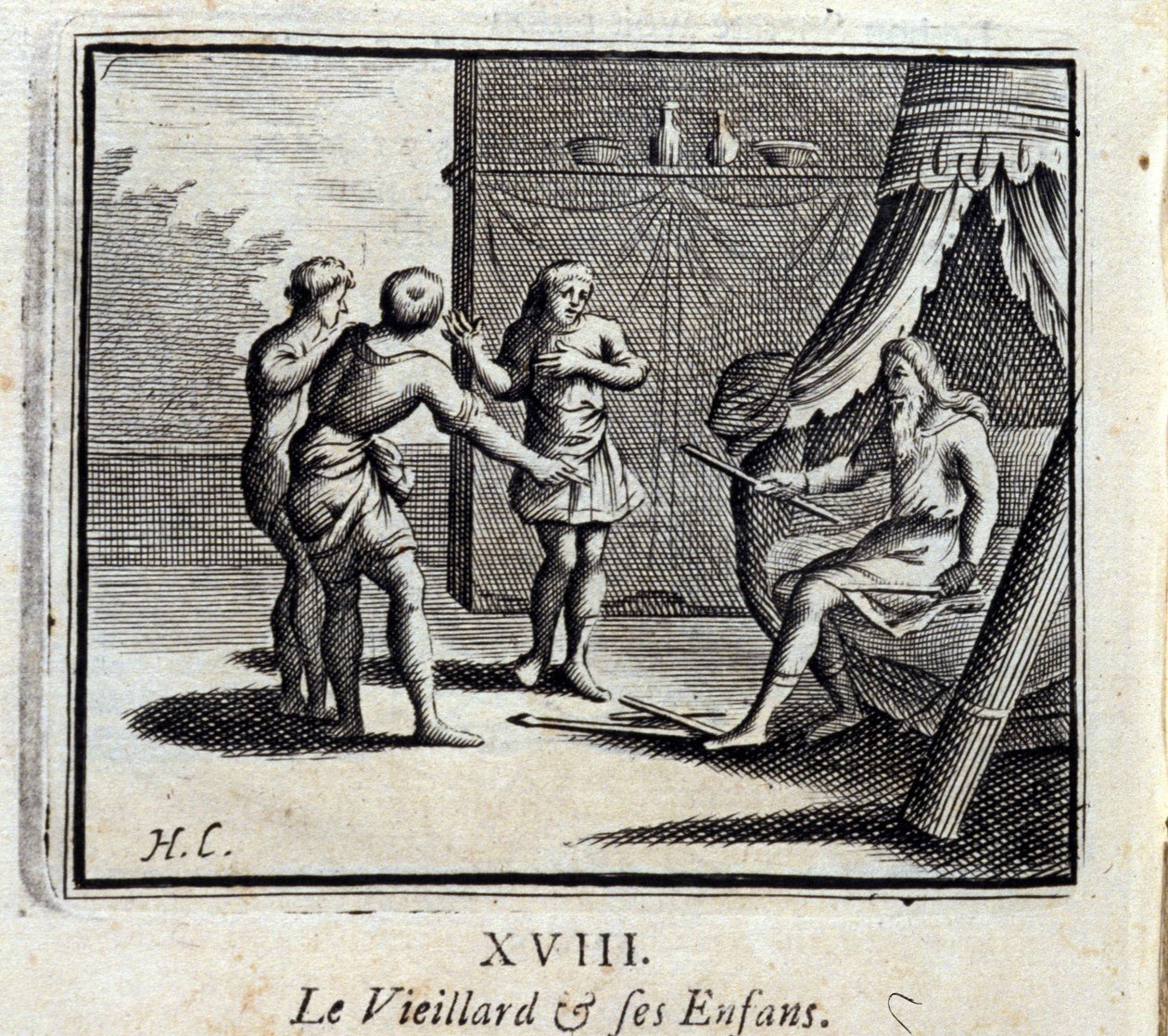 Vanha mies ja hänen lapsensa. Jean de La Fontainen (1621-95) sadut. Kuvitus: François Chauveau (1613-1676). Painos vuodelta 1728. tekijältä Francois Chauveau