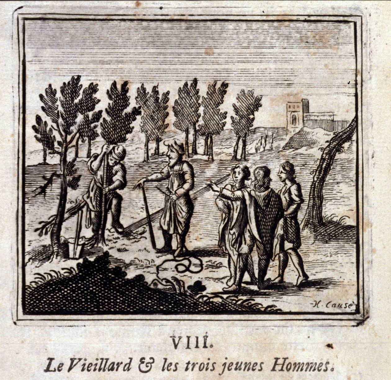 Vanha mies ja kolme nuorta miestä. Jean de La Fontainen (1621-95) sadut. Kuvitus: François Chauveau (1613-1676). Painos vuodelta 1728. tekijältä Francois Chauveau