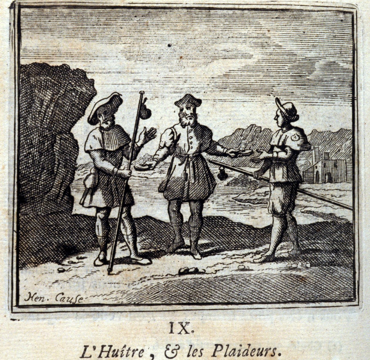 Osteri ja oikeudenkäyntihenkilöt. Jean de La Fontainen (1621-95) sadut. Kuvitus: François Chauveau (1613-1676). Painos vuodelta 1728. tekijältä Francois Chauveau