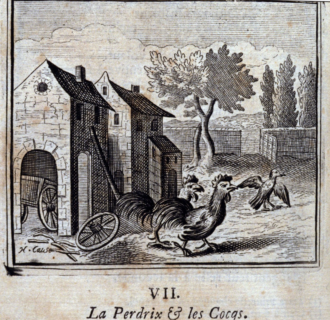 Partridge ja kukot. Jean de La Fontainen (1621-95) sadut. Kuvitus: François Chauveau (1613-1676). Painos vuodelta 1728. tekijältä Francois Chauveau