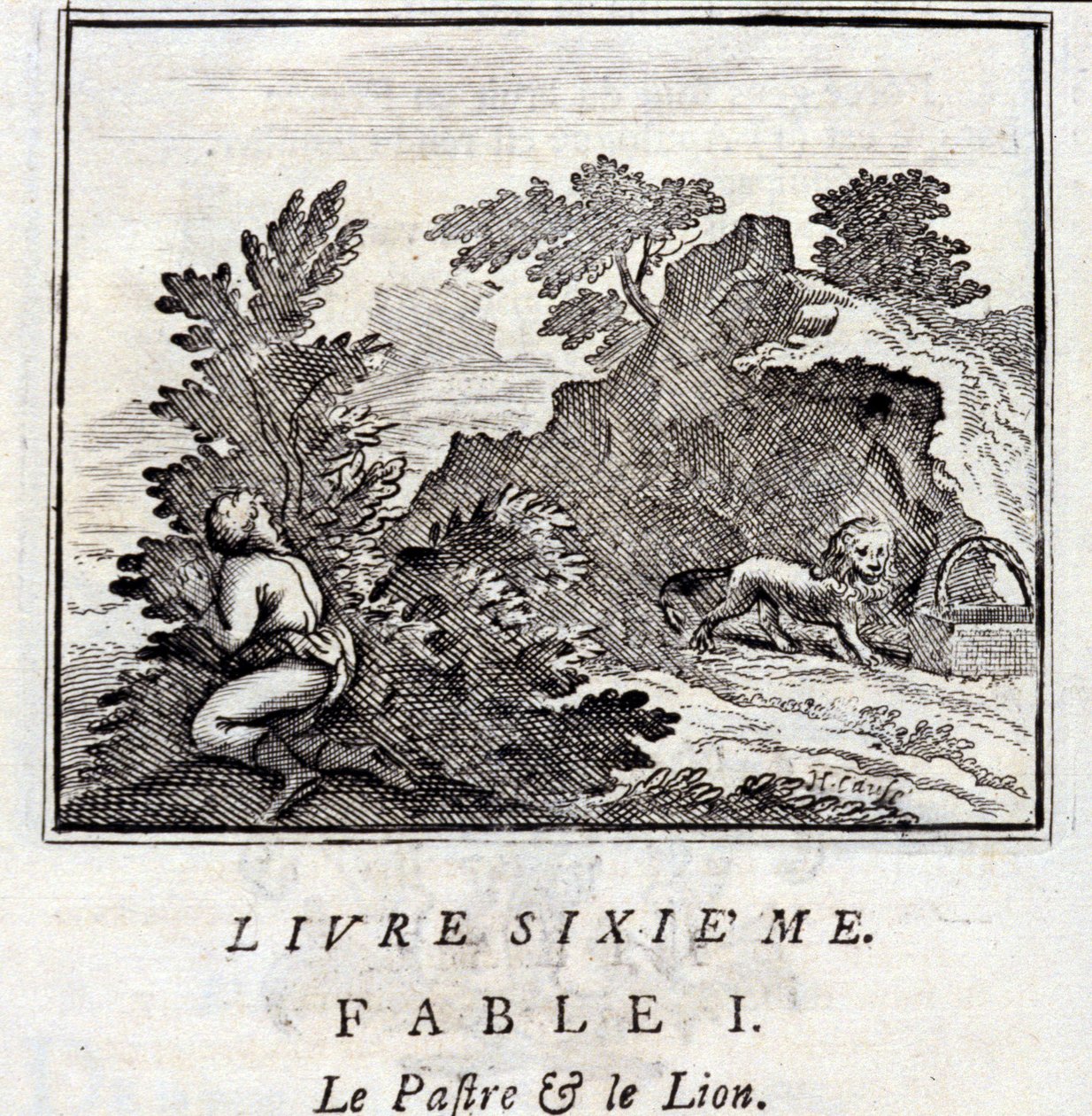 Patra ja leijona. Jean de La Fontainen (1621-95) sadut. Kuvitus: François Chauveau (1613-1676). Painos vuodelta 1728. tekijältä Francois Chauveau