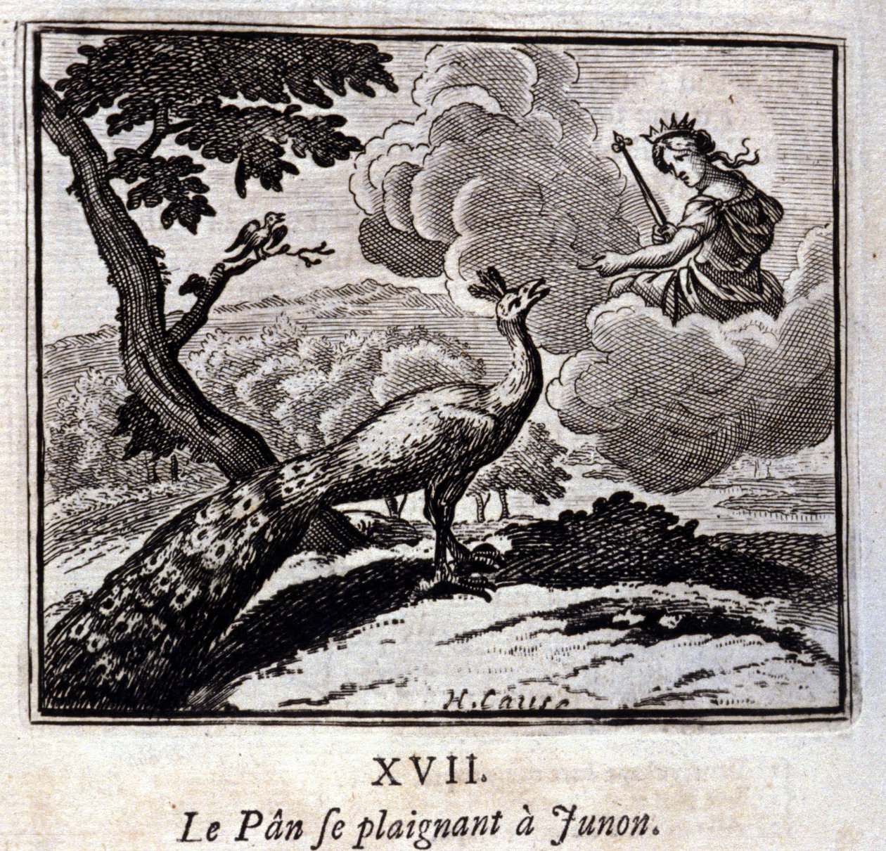 Peacock valitti Junonille. Jean de La Fontainen (1621-95) sadut. Kuvitus: François Chauveau (1613-1676). Painos vuodelta 1728. tekijältä Francois Chauveau