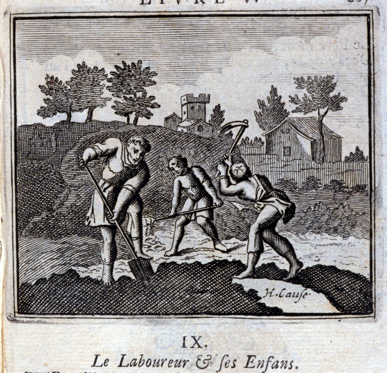 Ploureur ja hänen lapsensa. Jean de La Fontainen (1621-95) sadut. Kuvitus: Francois Chauveau (1613-1676). Painos vuodelta 1728. tekijältä Francois Chauveau