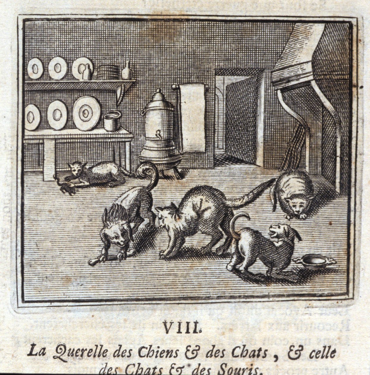 Koirien ja kissojen querelle sekä kissojen ja hiirten querelle. Jean de La Fontainen (1621-95) sadut. Kuvitus: François Chauveau (1613-1676). Painos vuodelta 1728. tekijältä Francois Chauveau