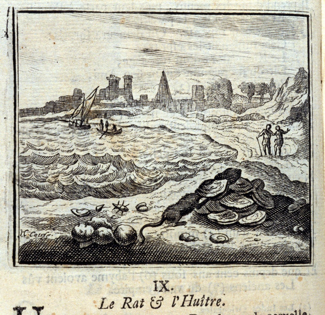 The Rat and the Oyer.Fables Jean de La Fontaine (1621-95). Kuvitus: Francois Chauveau (1613-1676). Painos vuodelta 1728. tekijältä Francois Chauveau
